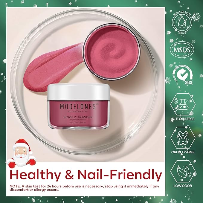 Modelones Christmas Colors Acrylic Powder Kit - 6 Colors Golden Glitter Yellow Green Dark Red Sliver Christmas Eve Cover Powder for Nail Art Extension - No Lamp Needed