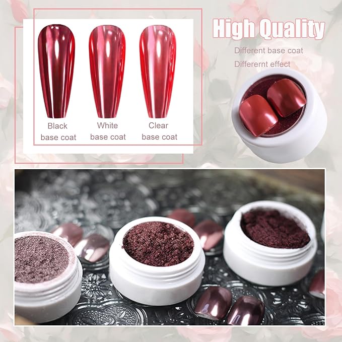4 Boxes Red Chrome Nail Powder Mirror Effect Metalic Powder Pigments for Nails, Deepred, Pink，Rose Red Mirror Metallic Powder for Nails