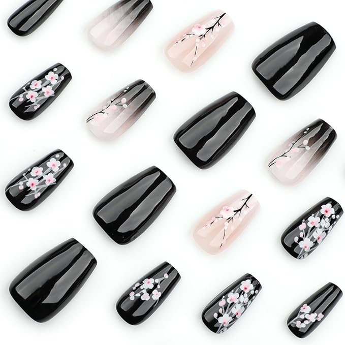 24Pcs Medium Press on Nails Coffin Shaped Fake Nails with Designs Black Gradient Nails Press ons Full Cover Stick on Nails Spring Glue on Nails False Nails for Women Girls Manicure Art