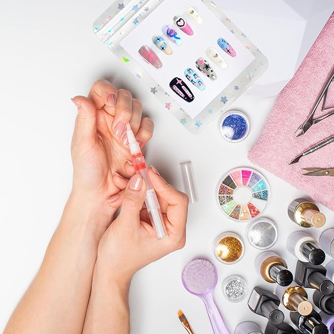 100 PCS Press On Nails Packaging Bag Holographic Nail Storage Bag and 100PCS Shiny White Pearl Card with 7 Sheets Pre-cut Nail Tape (White Star)