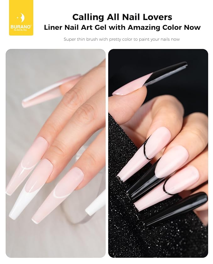 BURANO Gel Nail Polish Liner Nail Art Polish, Black White Painted Gel Nail Design Polish 2 Bottle 8ml, Build in Thin Nail Brush Curing Required LX11 LX12