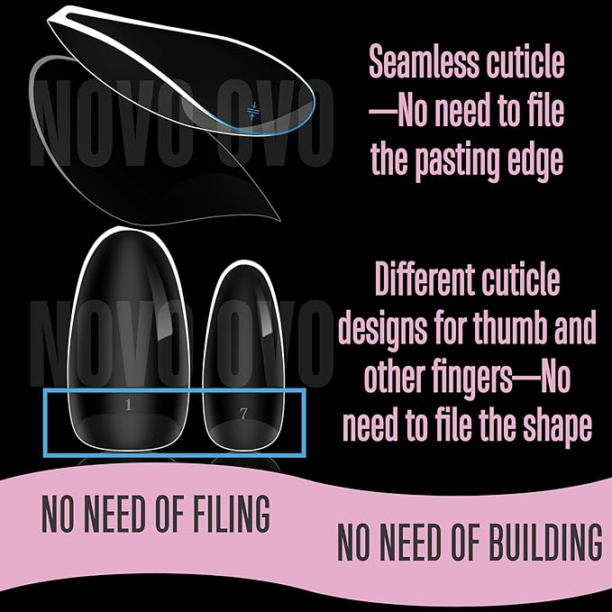 NOVO OVO Medium Oval Nail Tips Extra Thick Press on No C Curve, Soft Gel Natural Fake Nail Extension, Full Cover Clear False Nails for Acrylic, French Manicure Salon DIY x 14 Sizes 224 pcs