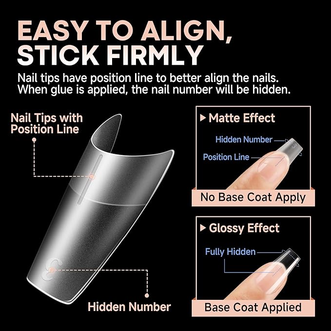UNA GELLA Medium Square Gel Nail Tips 504pcs Full Matte Square Gel Tips Half Cover Clear False Nails Tips No C Curve with Position Line for Perfect Nail Extentions 12 Sizes, Gelly Tips