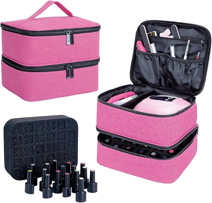 Nail Polish Organizer, Handheld Double Layer Organizer Holds 30 Bottles (15 ml/0.5 floz) with Adjustable Dividers for Nail Polish Small Manicure Lamp Manicure Tools Essential and Travel,Wine