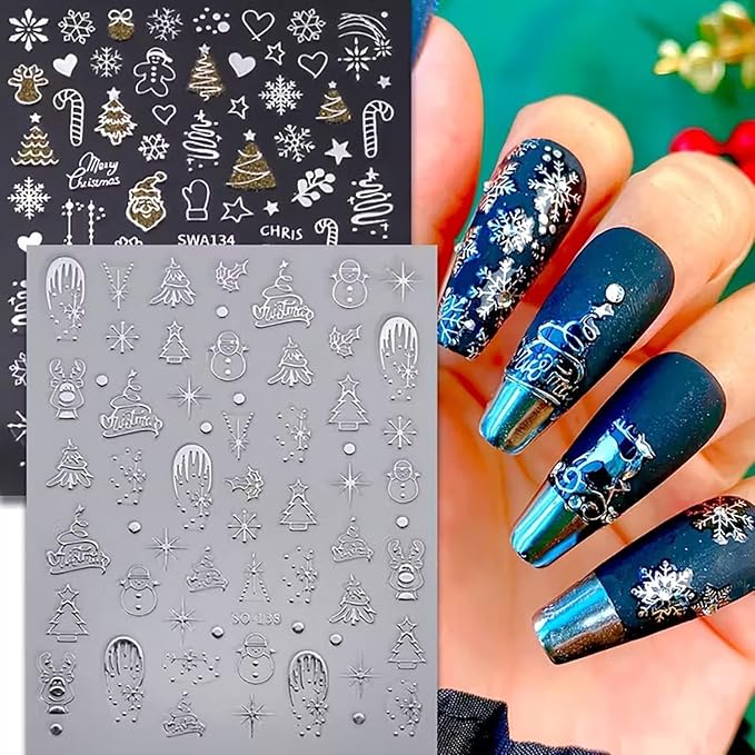 8 Sheets Christmas Nail Stickers for Nail Art, Cute Xmas Nail Decals 3D Self Adhesive Winter Nail Accessories Gingerbread Man Christmas Tree Snowflake Pattern Holiday Manicure Supplies for Women Girls