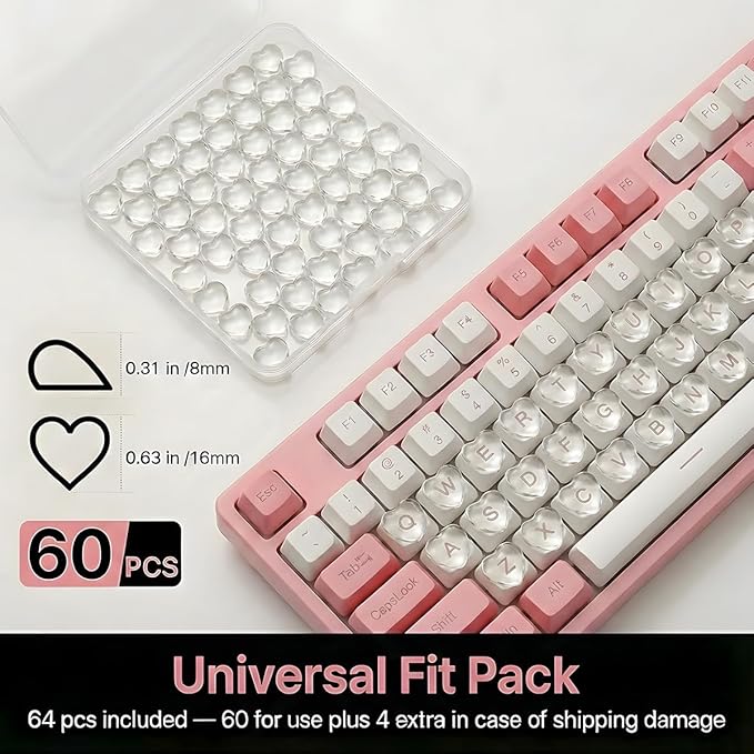 60pcs Keyboard Bubbles for Long Nails, Raised Glass Heart Key Covers, No-Residue, Reusable, Easy to Apply, Keyboard Stickers for Desktop Keyboards, External Keyboards, Calculators