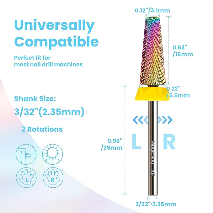 xf 5 in 1 Nail Drill Bits, 16mm Tapered 3/32'' Professional Tungsten Carbide Bits for Efile, 2 Rotation for Electric Drill, Remove Thin Gel, Manicure Cuticle Gel Polishing, Nail Techs Bits, Extra Fine
