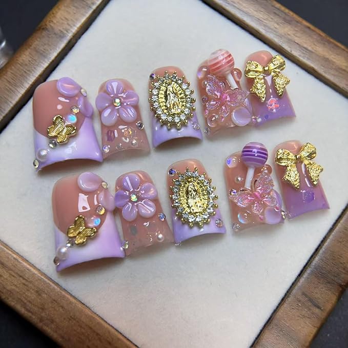 10Pcs Handmade Acrylic Press on Nails Short Duck Fake Nails with 3D Flower Butterfly Bow Rhinestone Design Purple French Tip False Nails Handmade Duck Nails Press ons Spring Flower Nail for Women (M)