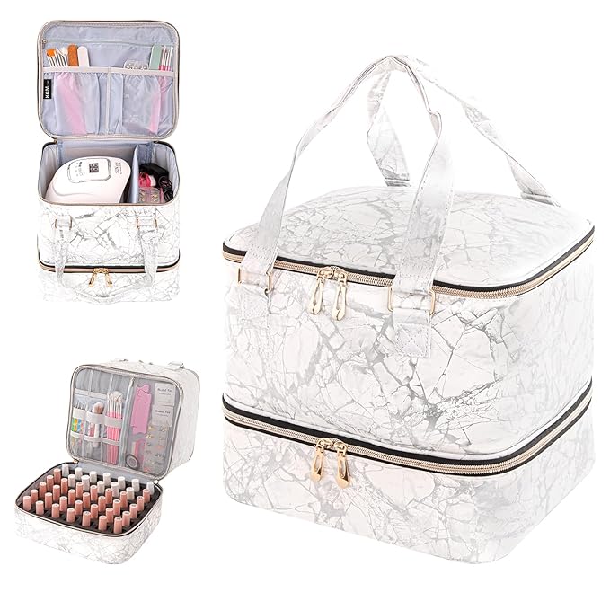Nail Polish Organizer, Double Layer Nail Polish Storage Bag Carrying Case Holds 42 Bottles with Nail Dryer Lamp Portable Manicure kit supplies Organizer （White）