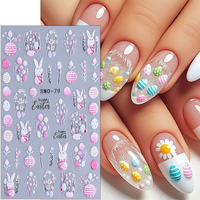 4 Sheets Easter Nail Stickers Cute Rabbit Nail Decals Spring Embossed Flower Nail Art Stickers Self-Adhesive Easter Egg Bunny Nail Design Decals for Women Holiday Nail Decorations Supplies