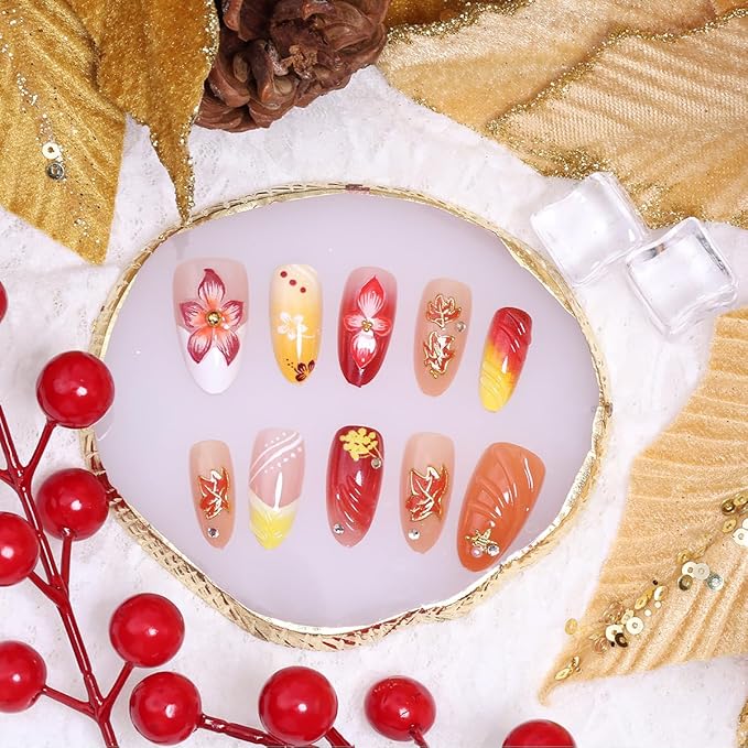 30Pcs Fall Press on Nails Medium Almond French Tip Fake Nails Gilding Maple Leaf False Nails with 3D Flower Ripple Gold Sliver Gems Design Artificial Stick on Nail Full Cover Glue on Nails for Women