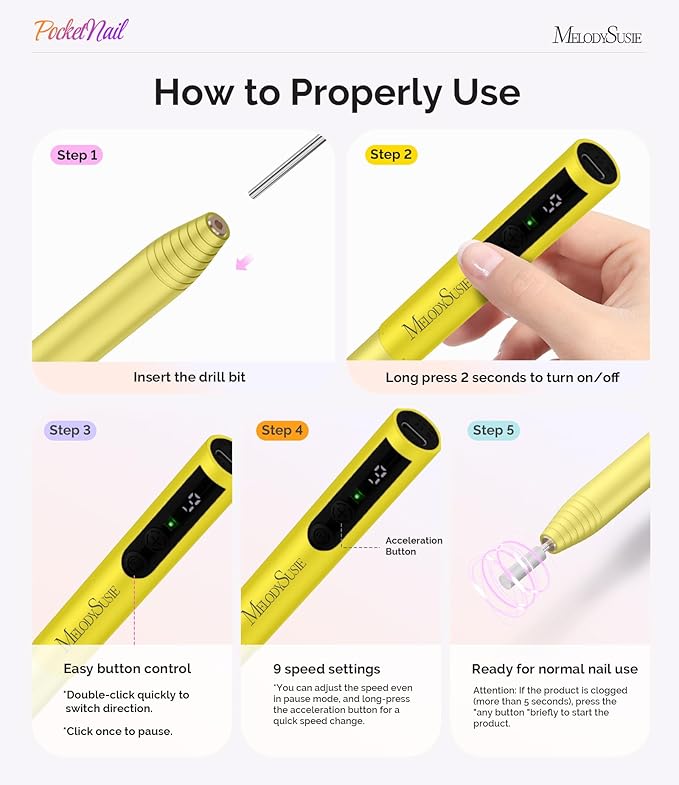 MelodySusie PocketNail Pen-Shaped Cordless Modular Nail Drill, Extended Kit, PC100GR 20000RPM Slim Portable Rechargeable Electric File for Nail Care & Gel Removal at Home for Beginners, Lemon Grass