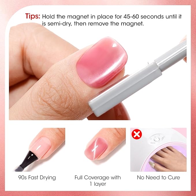 GELLEN Quick Dry Cat Eye Nail Polish Kit, Red Magnetic Fingernail Polish Series, Fast Drying Glitter Nail Lacquer Non Gel with Magnet Tool, DIY Salon Home
