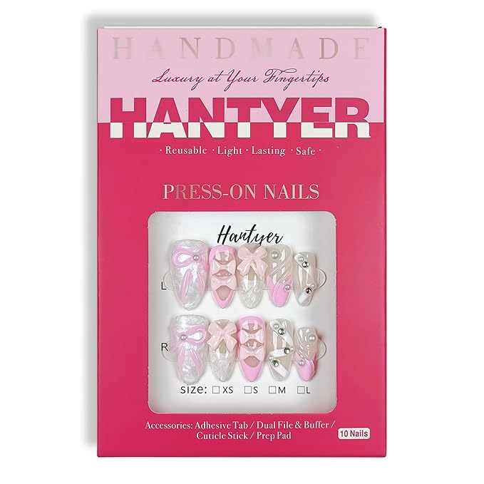 10PCS French Ballet-Inspired Press on Nails with Tools Kit, Medium Almond Glossy Nails in Pink & White, Gel Nails with 3D Bows, Pearls & Rhinestones, Sweet-Edgy Style for Women(Size L)
