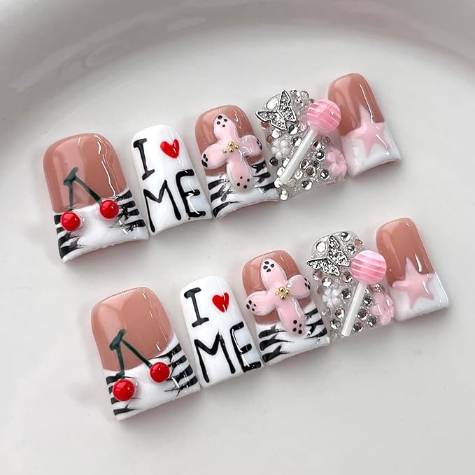 French Tip Press on Nails Handmade Short Duck 3D Flower Thick Acrylic Nails Cute False Nails with Lollipop Cherry Stars Designs White Glossy Fake Nail Sturdy Art Press on Nail 10Pcs(S)