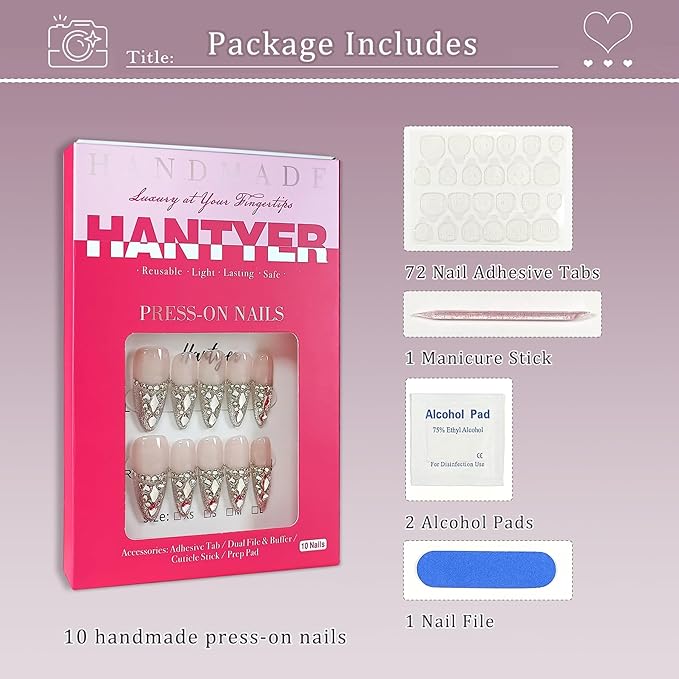 French Glam Press on Nails with Tools Kit, Long Stiletto Glossy Nails in Nude, Handmade Nails with Dazzling 3D Crystal Arrangement, Fake Nails Vintage-Inspired Style for Galas Event(Size M)