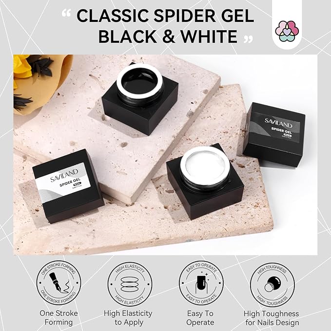 SAVILAND 2 PCS Spider Gel Set: Black & White Spider Gel for Nail Art Soak off Gels U V LED Good Toughness and Elasticity Easy To Use for Beginner Manicurist Home Salon Use