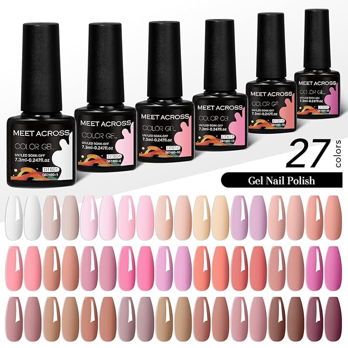 MEET ACROSS 27PCS Gel Nail Polish Set,27 Colors Gel Nail Kit Art Design Soak Off UV LED,Nail Art Design Gifts for Women