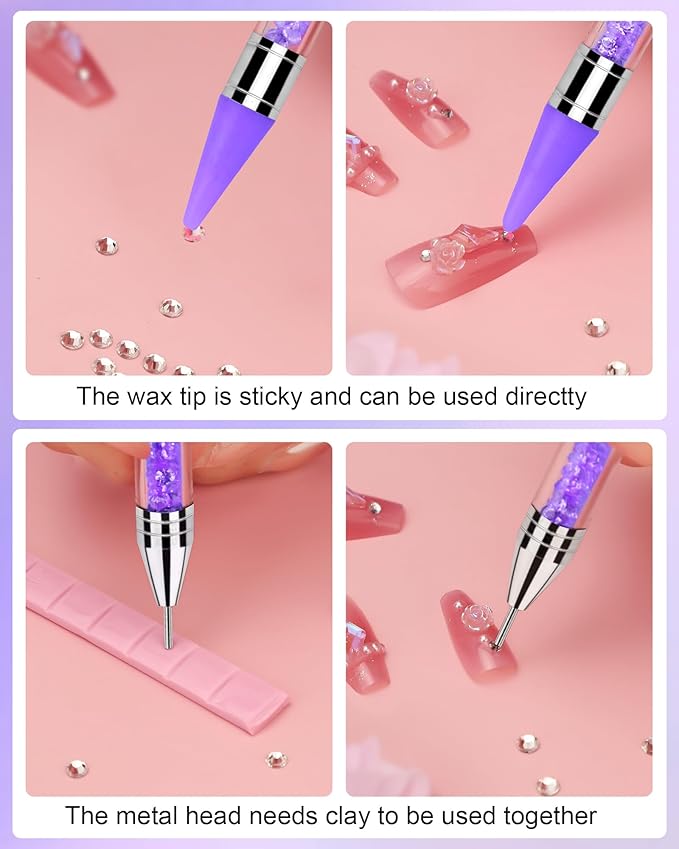 Difenni Rhinestone Picker Tool, Wax Pencil for Rhinestones Tool, Dual-Ended DIY Nail Bedazzling Tools with 4 Extra Purple Replaceable Wax Head and 1 Tweezer(Purple)