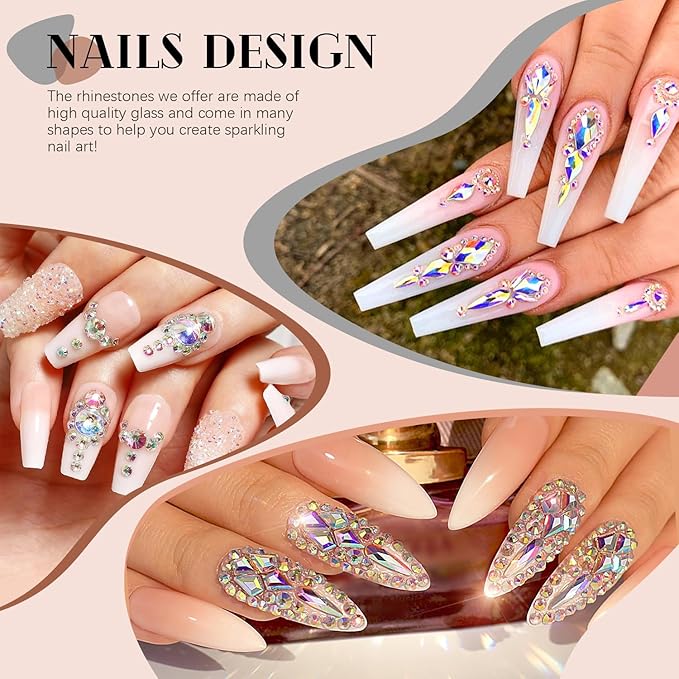 1680Pcs AB Glass Nail Rhinestones 180Pcs Multi Shapes Flatback Nail Gems + 1500Pcs 1.5-4mm Round Crystal, Manicure Nail Charms Diamond Gemstones for Acrylic Nails Decoration