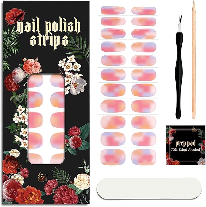 Nail Polish Strips (No UV Lamp Needed) - 22 Pcs Salon Quality Gel Nail Stickers - Long Lasting Wraps (Strawberry Cocktail Pink&Orange)
