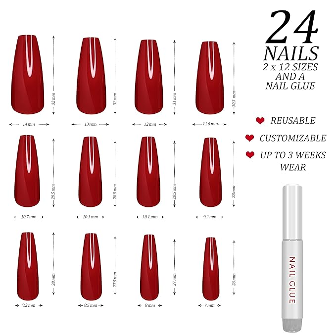 Hypnaughty 24 Pcs Passion Red Gloss Extra Long Press On Nails and Glue XL Reusable Solid Color Crimson Red False Nails (Passion)