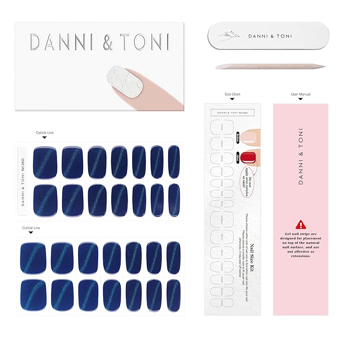 DANNI & TONI Semi Cured Gel Nail Strips Royal Blue Magnetic Cat Eye Gel Nail Wraps 28 Stickers | Abyssal Glint