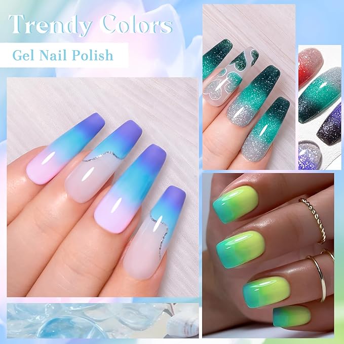 Color Changing Gel Nail Polish Set 12 Colors Temperature Mood Changed Glitter Gel Polish Soak Off UV/LED Nail Art Design Kit Gifts for Women Girls