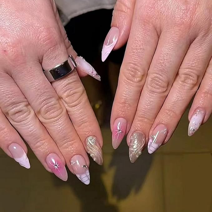 Medium Press on Nails Almond Fake Nails French False Nails Ombre Artificial Nails with Pearl Designs Acrylic Nails Press ons Pink Stick on Nails for Women 24pcs