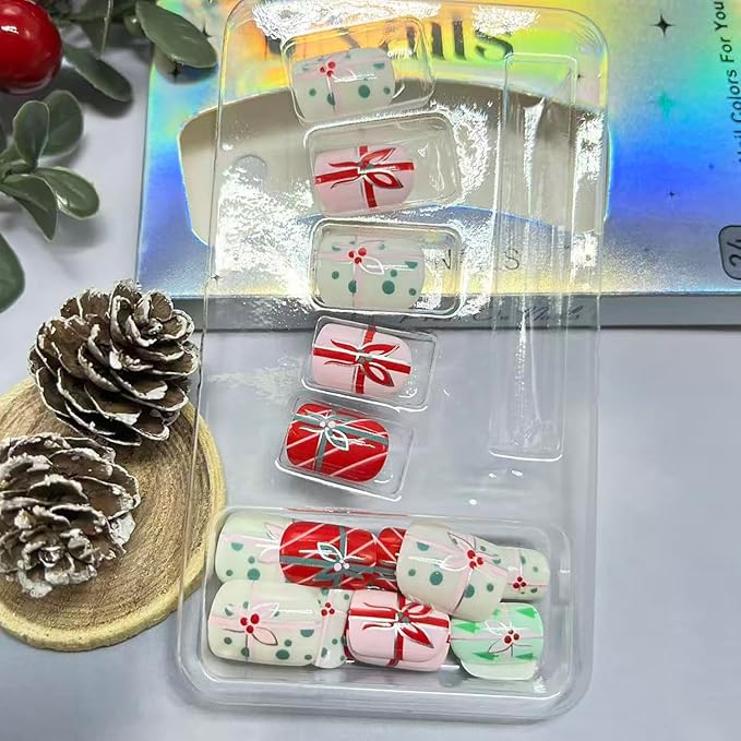 Christmas Press on Nails Short Square Fake Nails with Bow Designs Colorful Xmas False Nail Glossy Full Cover Winter Stick on Nail for Women