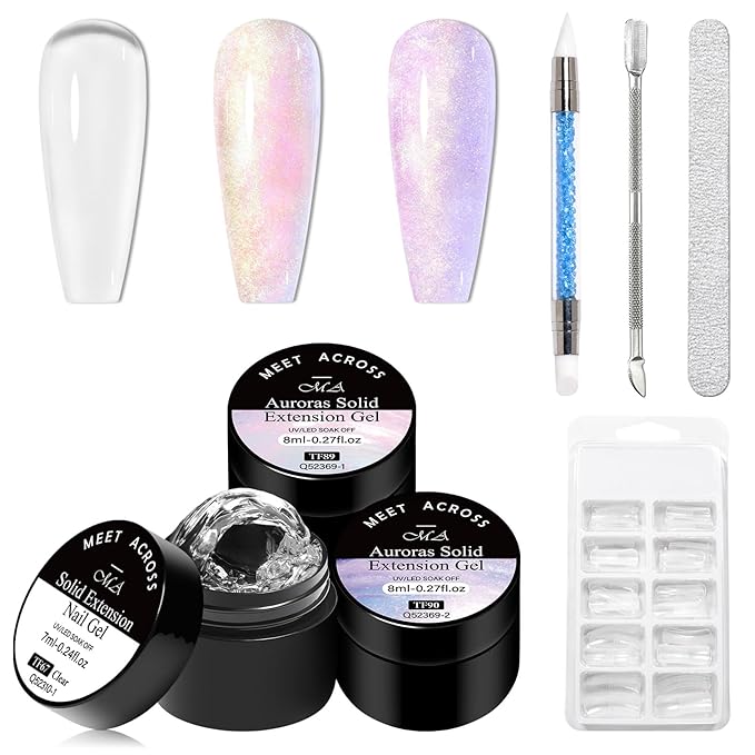 MEET ACROSS Gel Builder Kit: Self-Levelling, Long Lasting Extension Hard Gels for Strengthener, Broken Nails Repair Gel Kit with Nail Forms, Cuticle Pusher, Nail File and Brush Pen