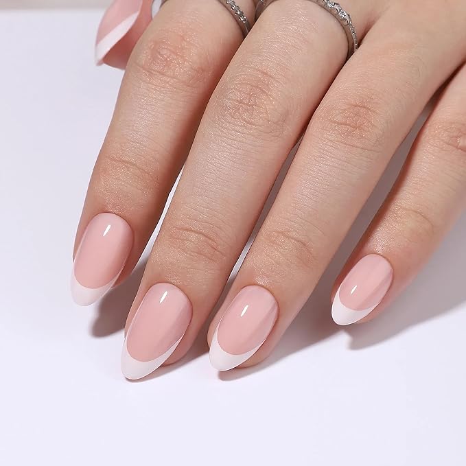 Press On Nails - Paris | White French Tip, Short Almond Nails, Fake Nails Salon Quality | 32 Nails, 16 Sizes Kit with Glue and Adhesive Tabs