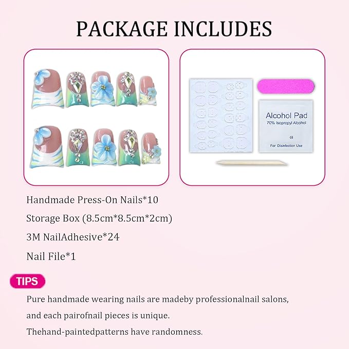 Handmade Press on Nails 3D Blue White Gradient Flower Fake Nails Short Duck False Nail Kit French Tip Luxury Handmade Rhinestone Design Muti-Layer Gel Stick on Nails Acrylic Nail for Women (M)