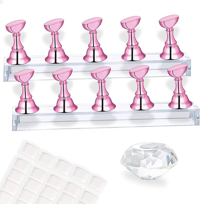 Nail Holder for Nail Art Practice, Nail Stands for False Nails Painting, 30 pcs of adhesive putty 1 Crystal Base 2 Sets Magnetic Acrylic (Metal Pink)