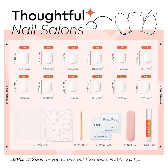 Modelones Extra Short Press on Nails, White Squoval Fake Nails, Reusable Nail Kit with Nail Glue Adhesive Tabs Mini Nail File, Spring Nails Press Ons 32Pcs 12 Sizes, Pure White, Women Girl Gift