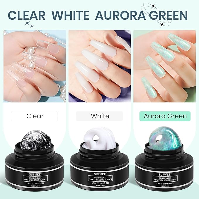 3 Colors Solid Builder Gel for Nails Extension Non Stick Hand Hard Gel with Dual Form 3D Nail Sculpture Gels Nail Strengthen for Home DIY Nails Salon