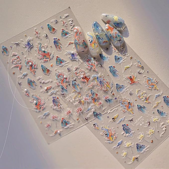 3D Asian Phoenix Nail Art Stickers, Mountain and Floral Design, Blue and Orange