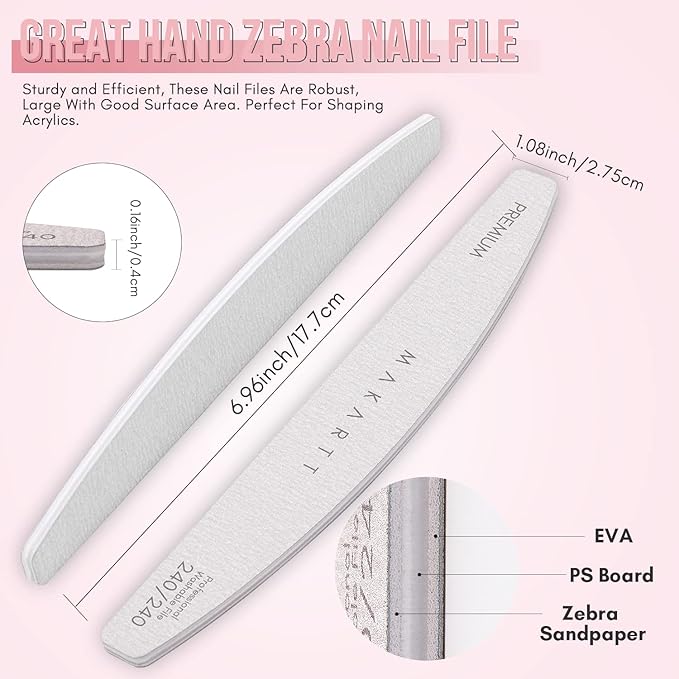 Makartt Nail File: 240/240 Grit Emery Boards for Nails, 10pcs Ultra-Fine Filer Kit for a Shiny Finish Zebra Doubled Sides Washable Manicure Pedicure Tools