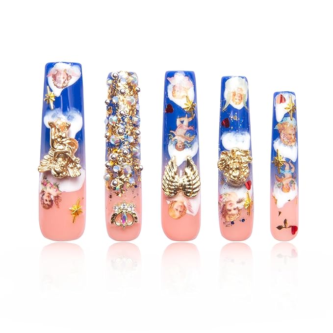 LOVFUL Press on Nails the Palace of Murals | Handmade with Full Covered Crystals | Reusable Fake Nails | Square | H174-S, pink