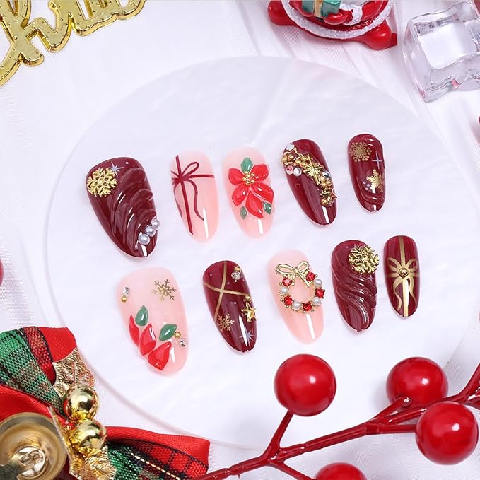 30Pcs Christmas Press on Nails Medium Almond Fake Nails Red Glitter False Nails with 3D Flower Design Gold Snowflake Star Rhinestones Stick on Nails Winter Full Cover Artificial Glue on Nail for Women