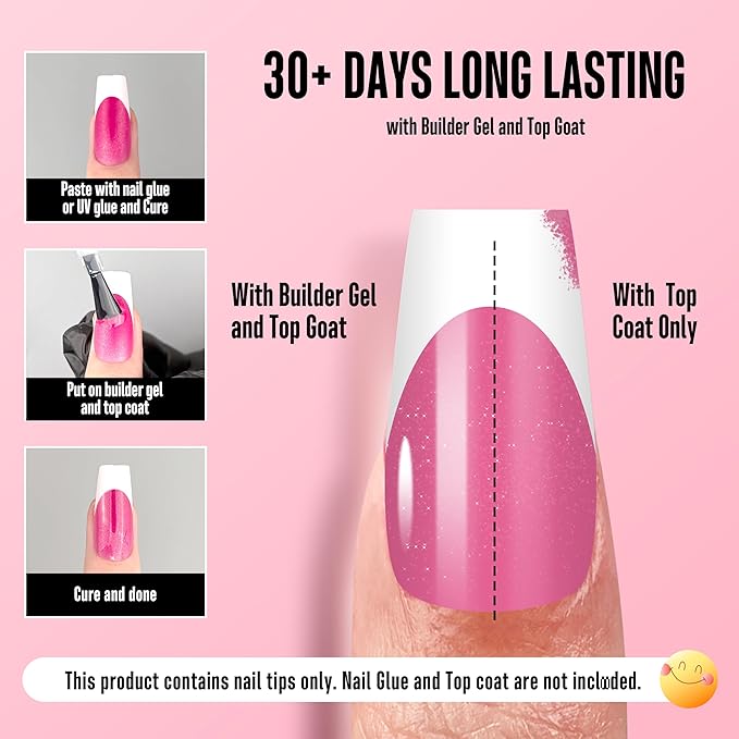NOVO OVO White French Tip Coffin Nail Tips Press on, ROSE PINK, Extra Thick Medium Soft Gel Fake Nail Acrylic Extension, Need Builder Gel Top Coat, No Glue Included, for Salon DIY 15 Sizes x 240 pcs