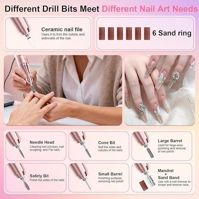 Professional Electric Nail Drill 40000RPM for Salon Home Use, Rechargeable Nail File Machine Kit with 12PCS Bits for Acrylic Gel Nails, Portable Efile Manicure Pedicure Tool (Pink Blue)