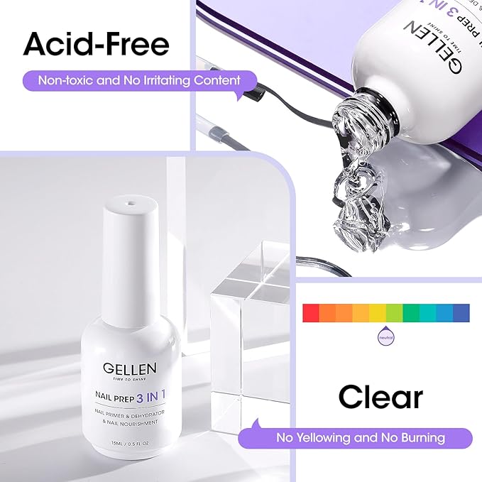 GELLEN Nail Primer and Dehydrator, 3-in-1 Acid-free Nourishing Nail Prep for Gel & Acrylic Nails, Gentle with Squalane VE Promote Health, 15ML 3s Air Dry Dehydrate Long-lasting Nails Art Supplies
