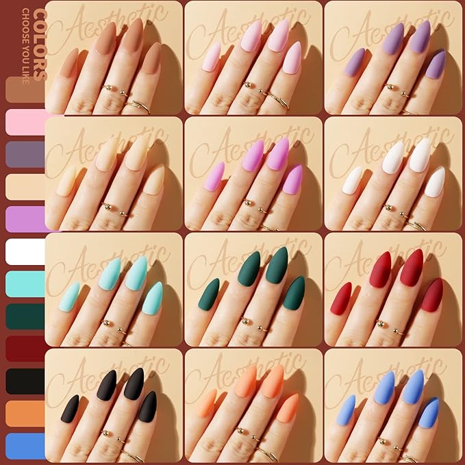 Teenitor Almond Press On Nails, 12 Color 288Pcs Matte Glue On Nails Almond Shape Press On Nails Medium Length Fake Nails