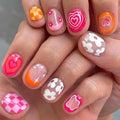 Flower Press on Nails Short Square Fake Nails with Heart Checkered Design Cute Floral False Nail Spring Stick on Nail for Women 24Pcs