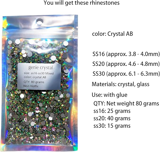 Genie Crystal 4,5,6.4 mm Mixed Size Flatback AB Rhinestones 80 Grams, ss16,ss20,ss30 Aurora Borealis Glass Rhinestone for Tumbler, Shoes, Makeup, Nail Art, Dance Costumes, Dress, DIY Bling Crafts