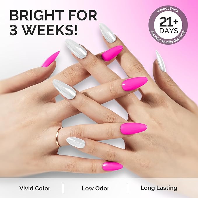 MelodySusie Thick Gel Nail Polish Set- 2 Pcs 15ML Hot Pink & White Glitter Gel Polish Set Soak Off UV LED Christmas Gift for Women Nail Art Manicure Salon DIY Nail Design Decoration at Home