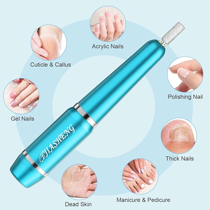 JIASHENG USB Electric Nail Drill, Portable Electric Nail File for Acrylic Gel Nails, Professional Drill Nail Kit Manicure and Pedicure Kit with Drill Bits for Home and Salon Use, Blue