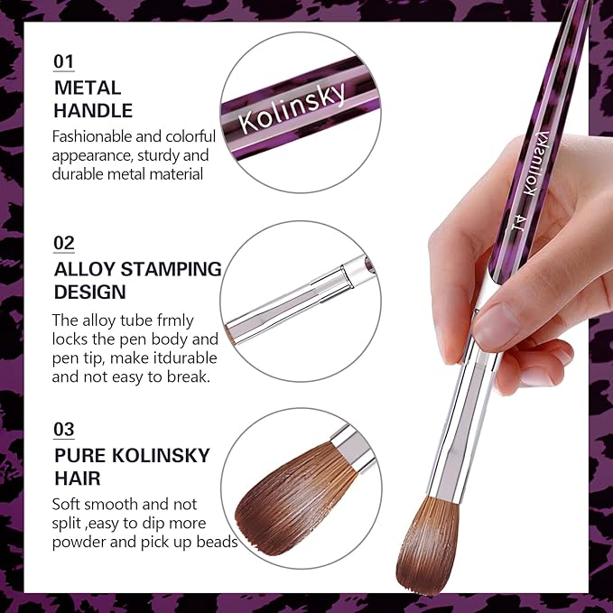 Acrylic Nail Brush Size 6, 100% Kolinsky 3D Art Nail Brush with Purple Leopard Print Metal Handles, Art Design Powder Nail Brush Pen for Nails Extension & Carving, Acrylic Application Tools