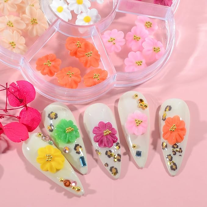 35PCS 3D Handmade Flower Nail Art Charms Y2K Design INS Trendy Handcrafted Colorful Flower Sculpted Floral Nails with Caviar Beads for Women Profession Nail Art Craft Jewelry